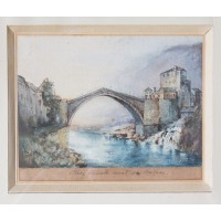 Stary rzymski most w Mostarze, autor nieznany. Akwarela na papierze. XIX wiek.